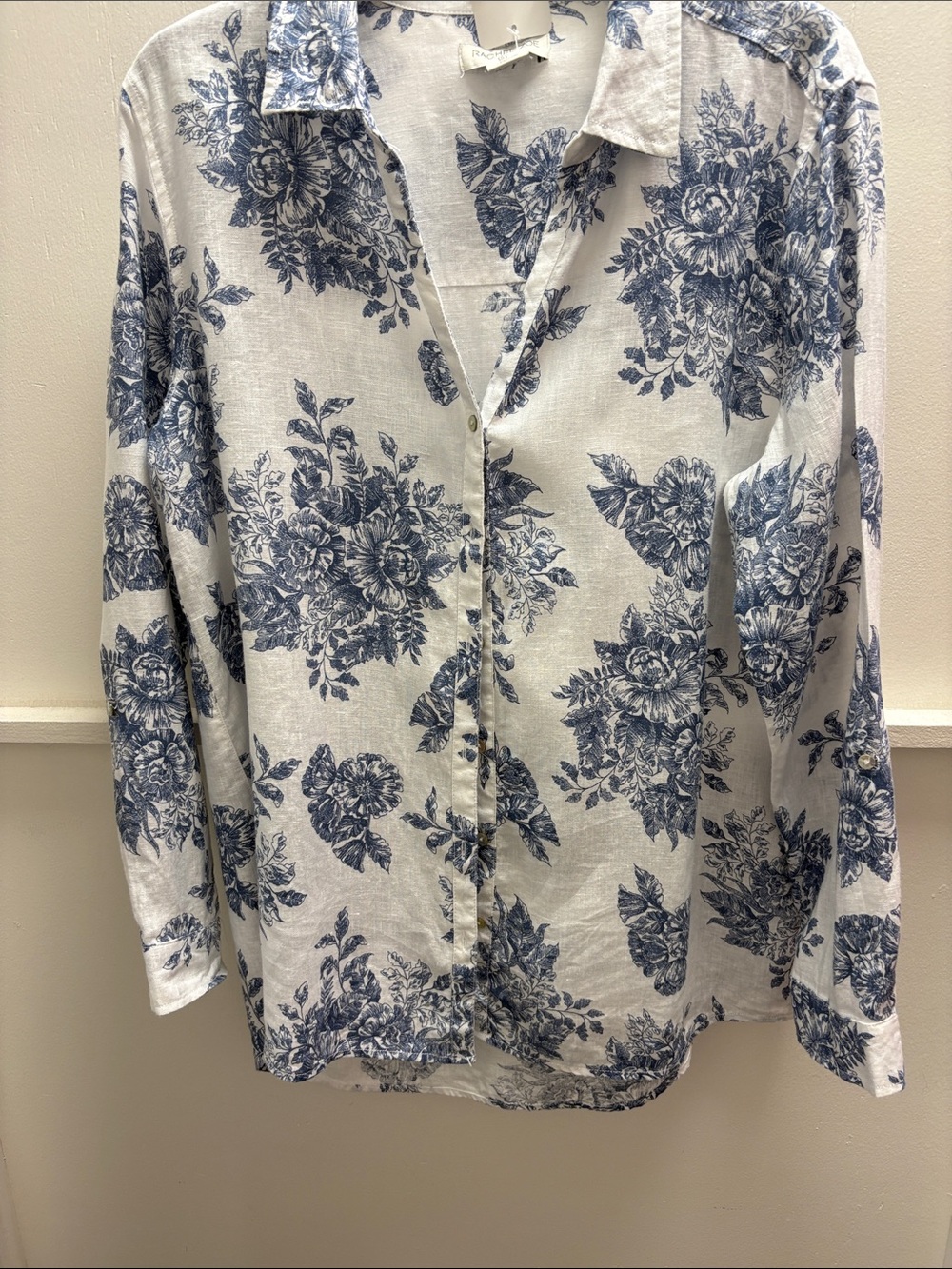 Rachel Zoe White Button-Up Shirt with Blue Floral Print